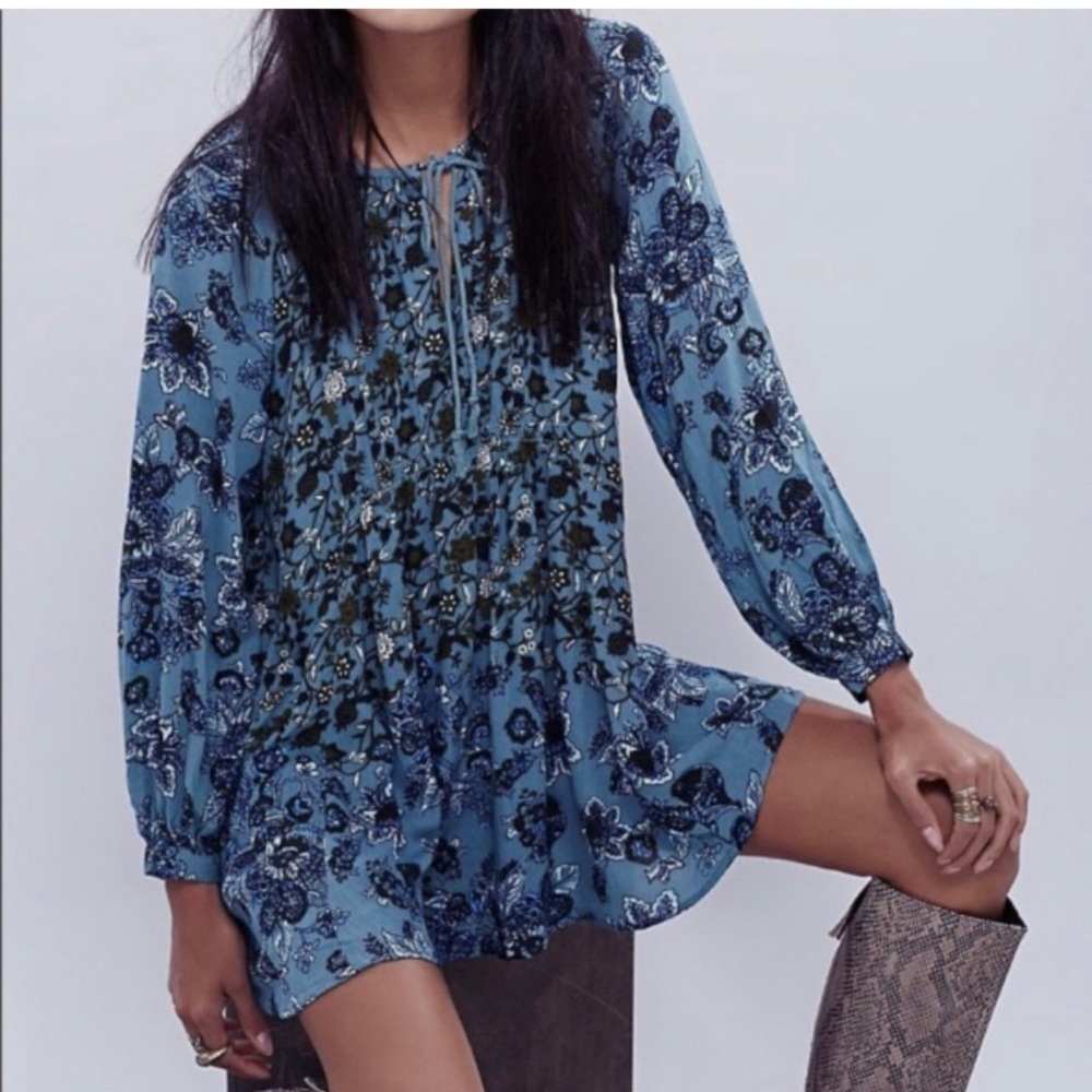 FREE PROPLE Shift Dress S Blue Combo Lucky Loosey Long Sleeve Tassels Floral